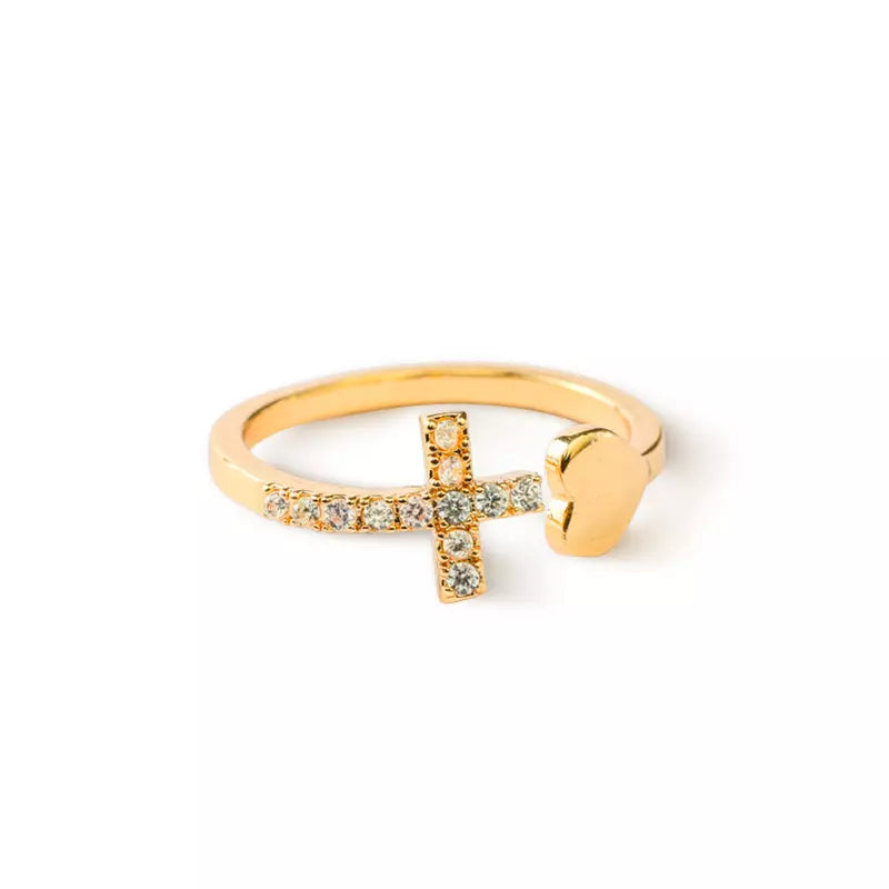 Women's Gold Heart & Cross Adjustable Ring — Holy Altar