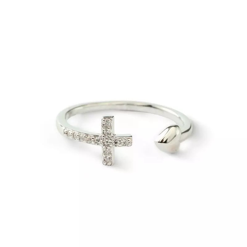 Women's Silver Heart & Cross Adjustable Ring — Holy Altar