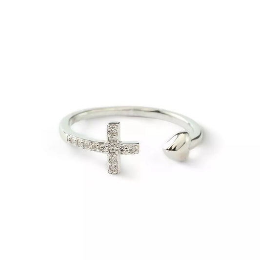 Women's Silver Heart & Cross Adjustable Ring — Holy Altar