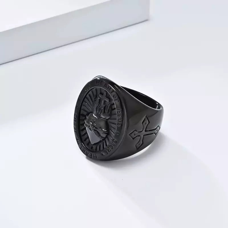 Sacred Heart of Jesus Black Stainless Steel Ring — Holy Altar